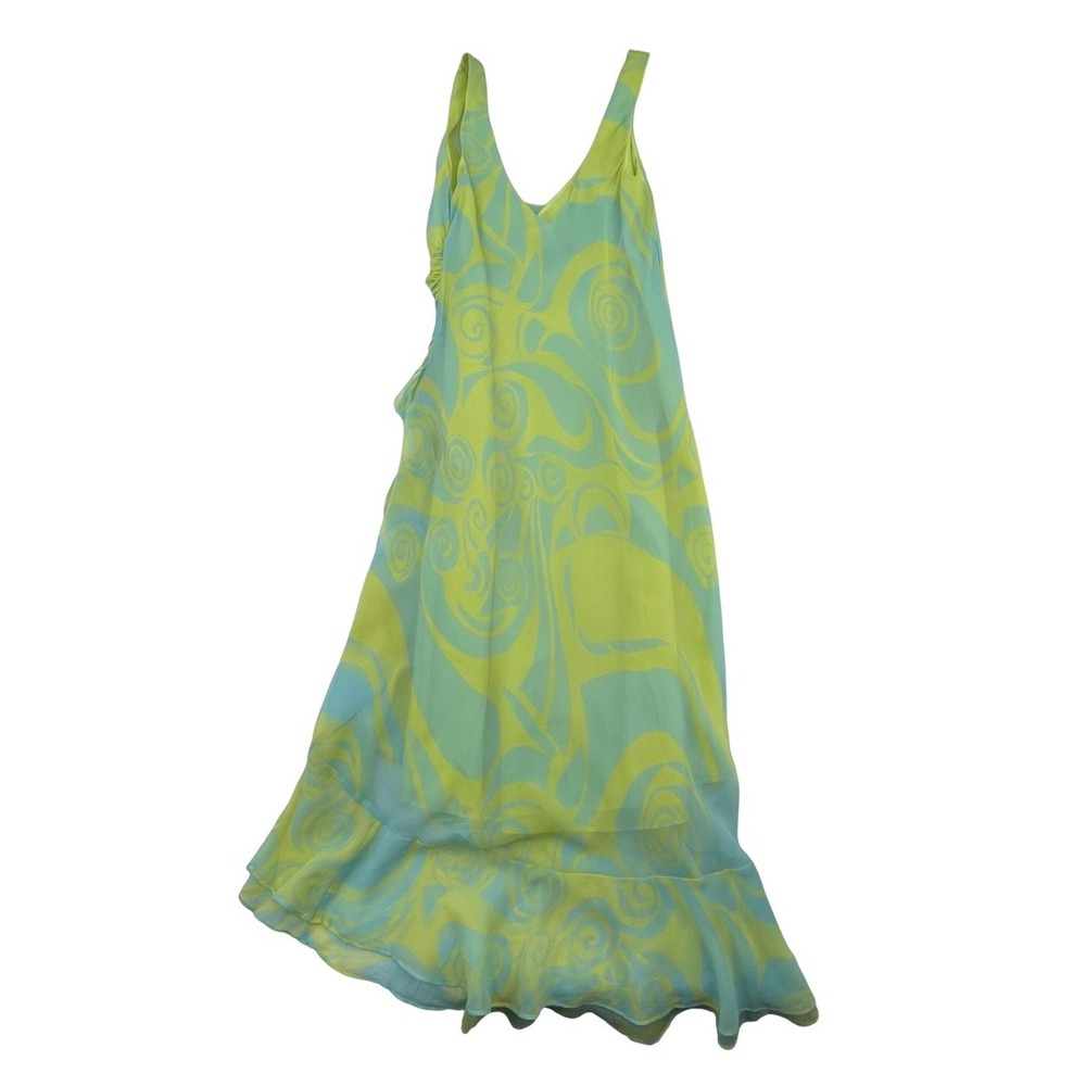 Jones New York Women Dress Midi Ruffle Lime Green Blue Silk Size 6 - Picture 2 of 3